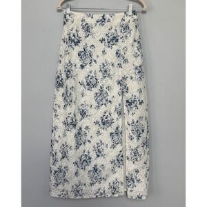 Lalavon Floral Eyelet Midi Skirt Embroidered Ivory Blue Side Zip Size Medium